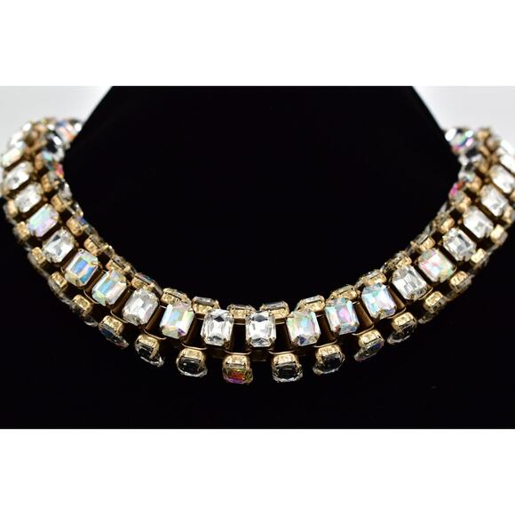 J.Crew Chunky Crystal Collar Necklace AB Gold Baguette Brulee Heavy Signed BinN